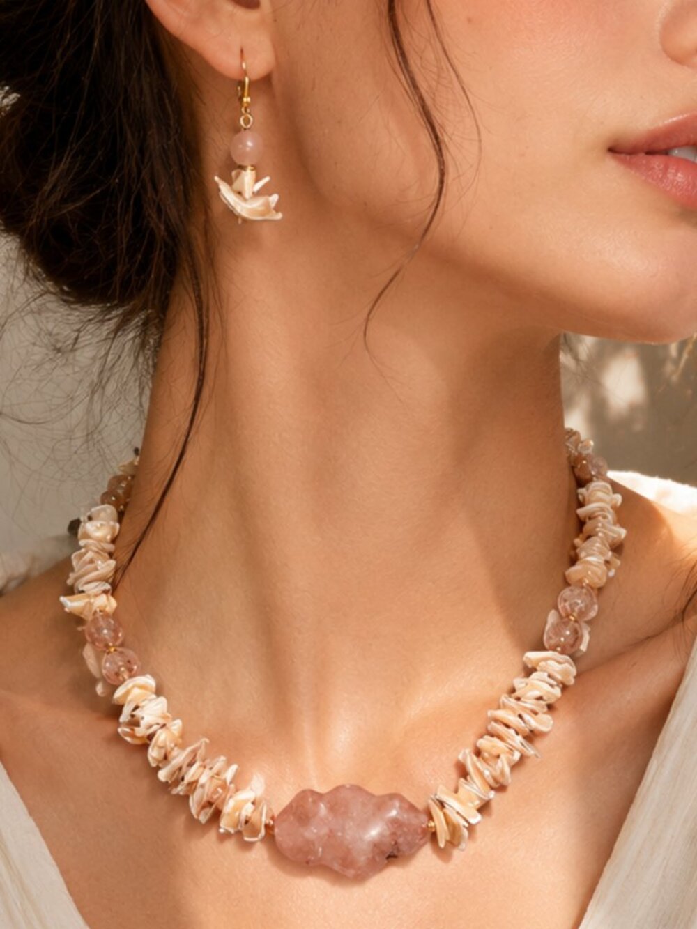 Blush Wave Shell Necklace & Earrings Set Coastal Beach Jewelry One of a Kind